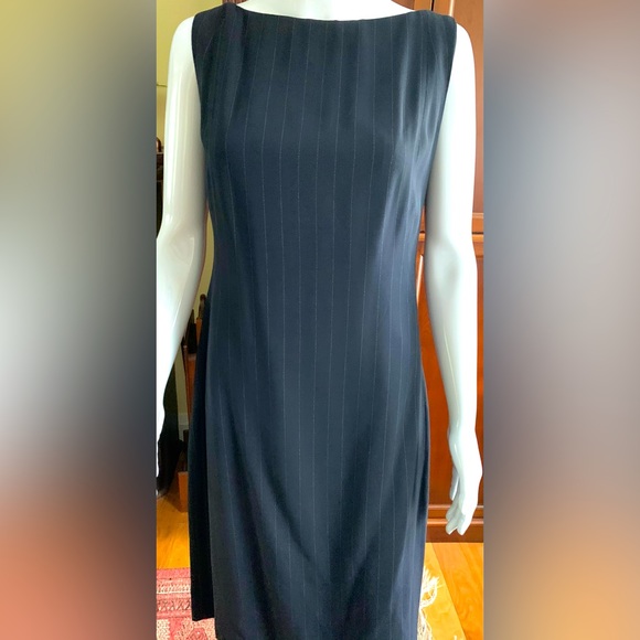 Anne Klein 2 piece suit navy blue & thin white striped wool long dress & jacket - Picture 7 of 16